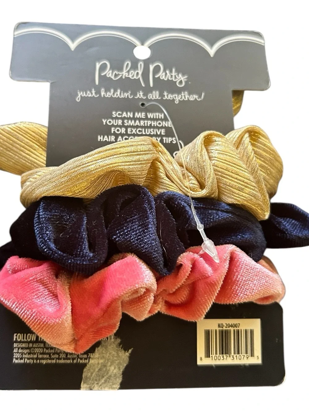 4/$20 Packed Party Pink, Navy & Gold Velvet Top Tie Scrunchie Set